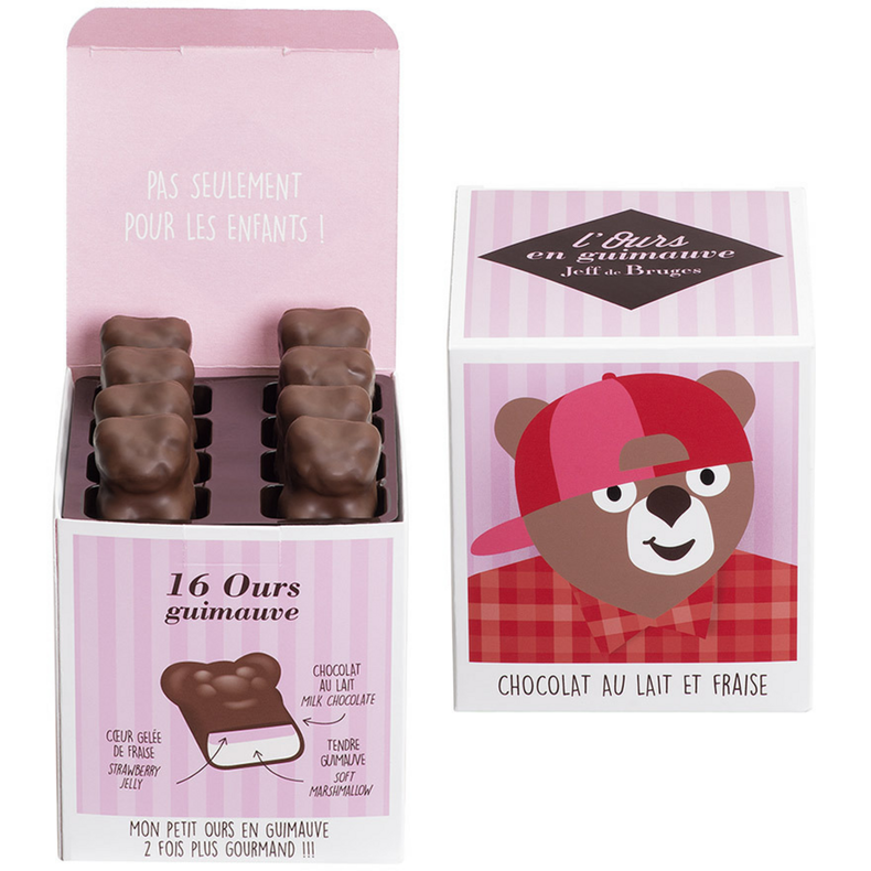 Caja cubo 16 osos de malvavisco chocolate con leche y fresa