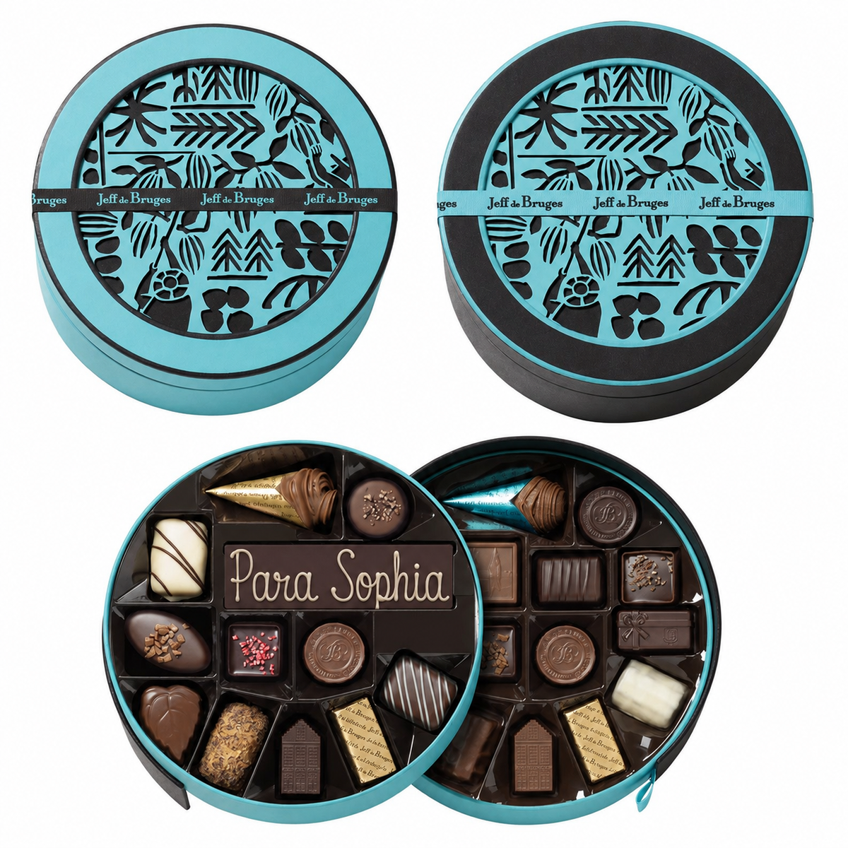 Boîte ronde 25 chocolats assortis avec barre de chocolat personnalisable