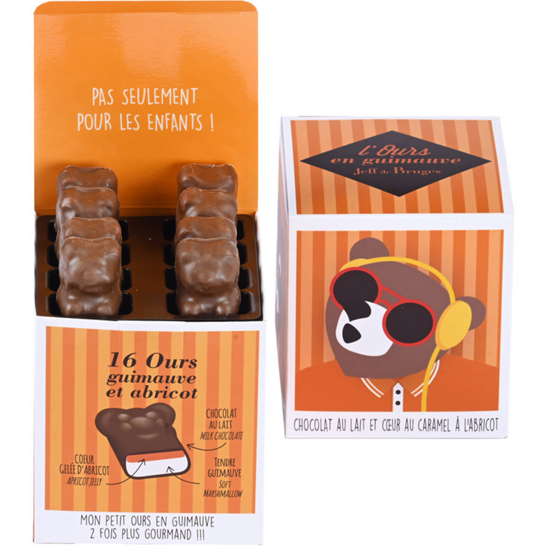 Caja cubo 16 osos de malvavisco chocolate con leche y albaricoque