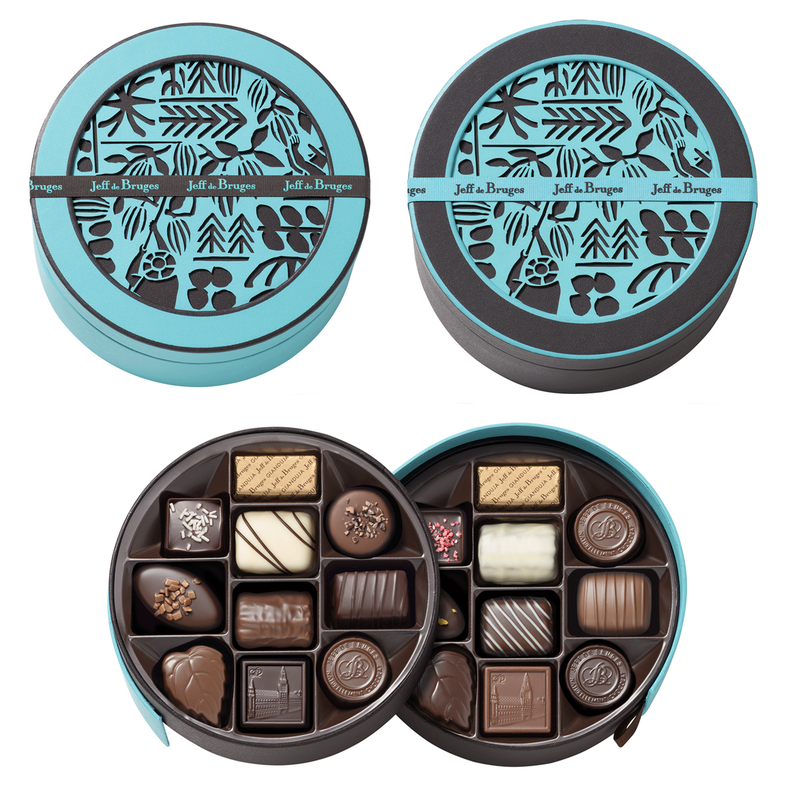 Caja redonda marrón o azul 20 chocolates surtidos