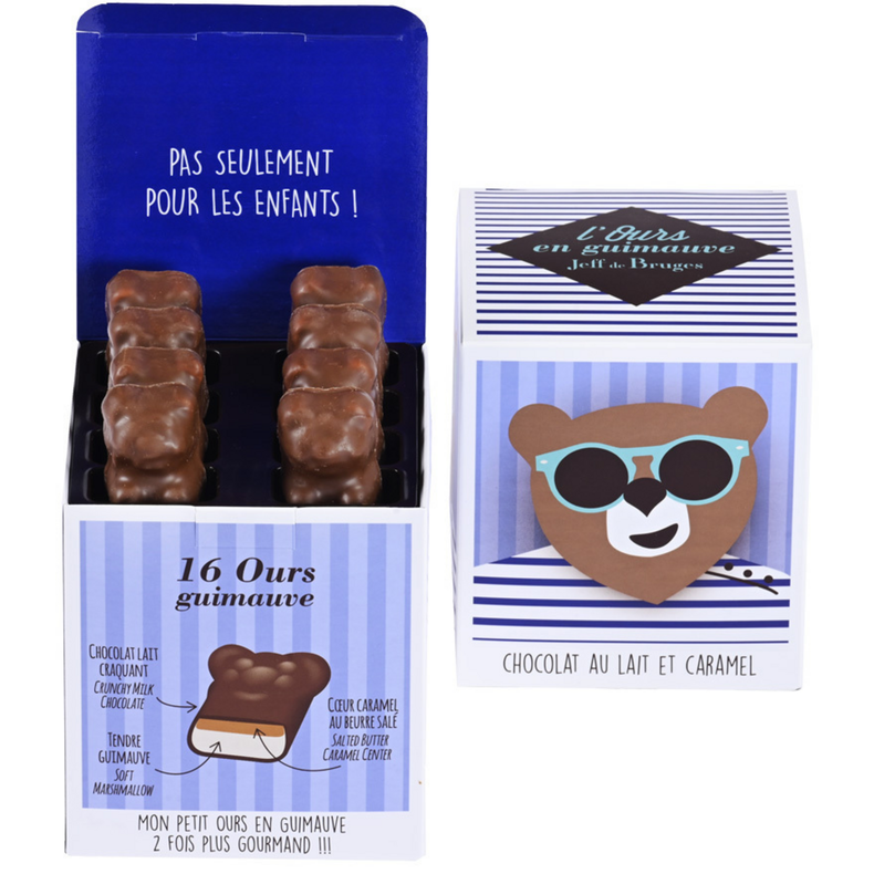 Caja cubo 16 osos de malvavisco chocolate con leche y caramelo