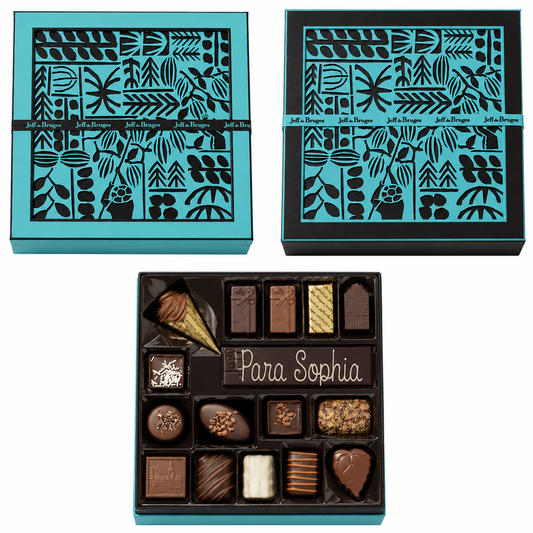 Caja cuadrada 32 chocolates surtidos con barra de chocolate personalizable