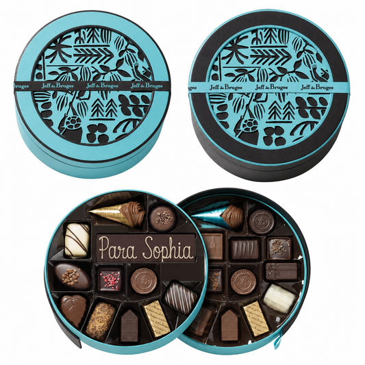 Caja redonda 25 chocolates surtidos con barra de chocolate personalizable